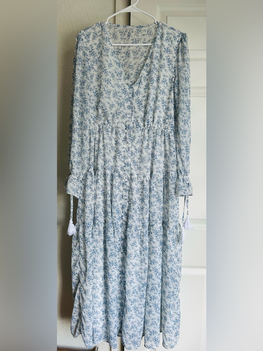 Blue Floral Maxi Dress with V-Neck and Tie Sleeves